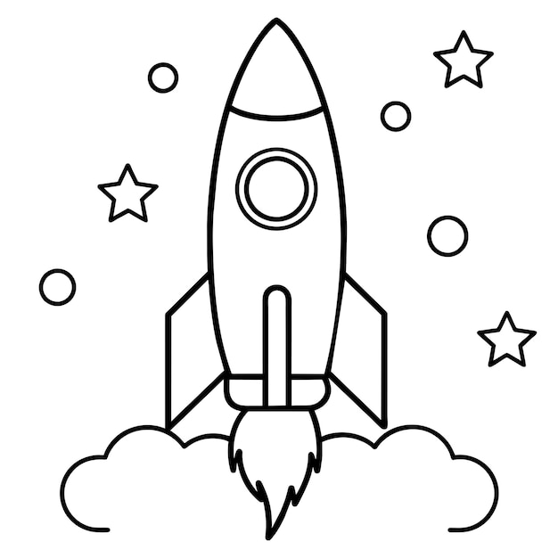 Rocket ship with space and stars and cloud outline vector illustration