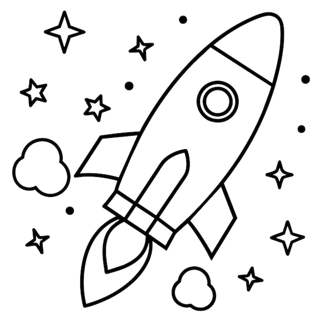 Rocket ship with space and stars and cloud outline vector illustration