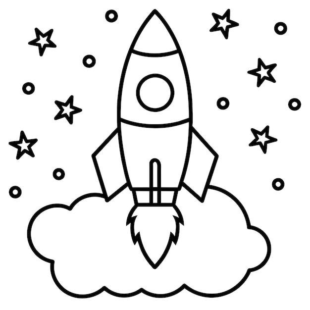 Rocket ship with space and stars and cloud outline vector illustration