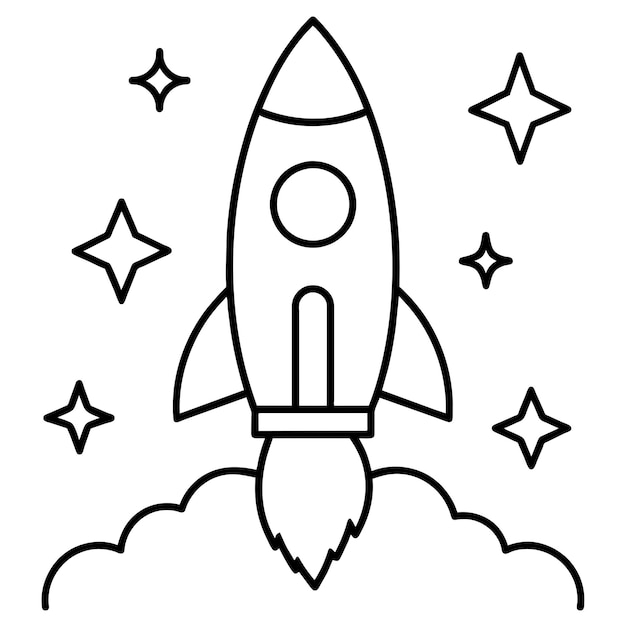 Rocket ship with space and stars and cloud outline vector illustration