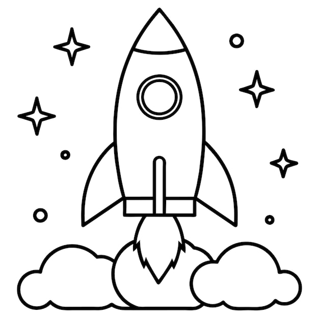 Rocket ship with space and stars and cloud outline vector illustration