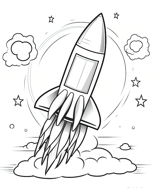 Ракета раскраска для детей распечатать Cartoon Spaceship Rockets Black White Illustration: vector de stock (libre de re