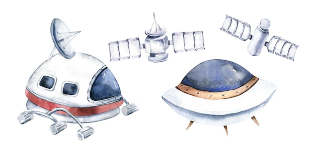 Rocket and shuttle isolated watercolor space ship illustration on white background