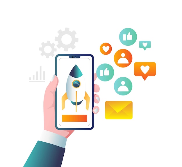 Vector rocket over smartphone with social media marketing