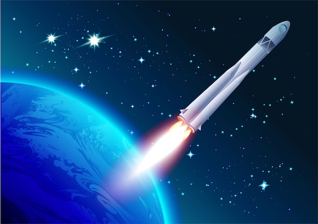 Rocket in space. Cosmonautics Day. Spacecraft flies away from earth