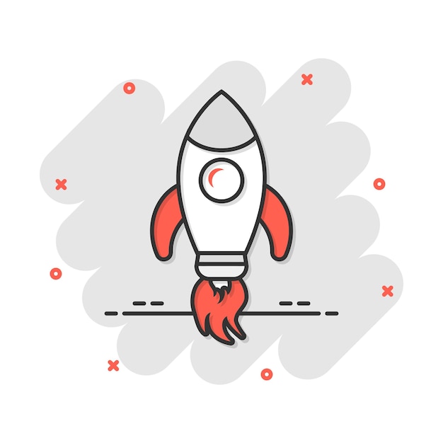 Rocket space ship icon in comic style Spaceship vector cartoon illustration pictogram Rocket start business concept splash effect