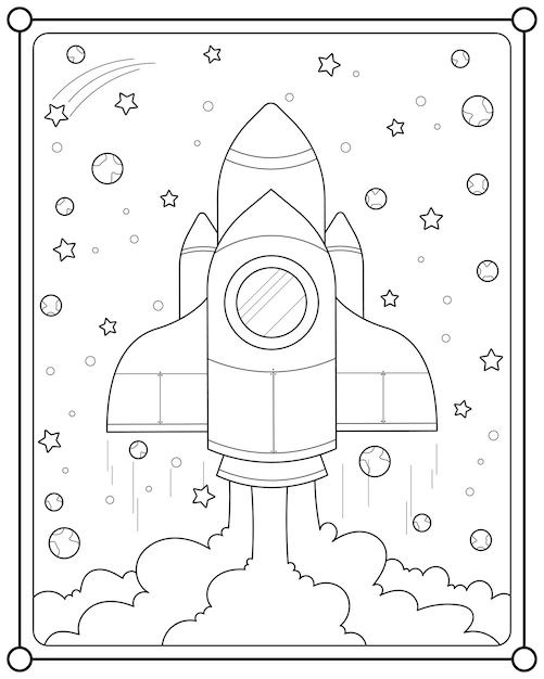 Rocket in space suitable for children's coloring page vector illustration