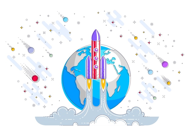 Vettore rocket inizia dalla terra allo spazio per scoprire da scoprire, circondato da comete, asteroidi, meteore, stelle e altri elementi. esplora l'universo, la scienza spaziale. illustrazione di vettore 3d di linea sottile.