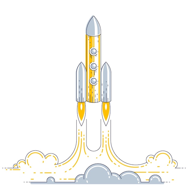 ロケットは未発見の銀河を発見するために宇宙に飛び出します。宇宙、興味深い宇宙科学を探検してください。白で隔離細い線3dベクトルイラスト。