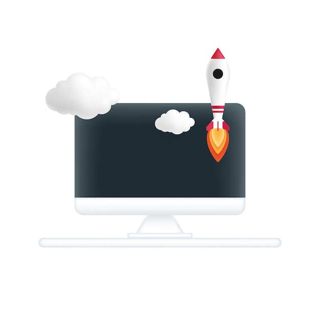 Rocket started from computer monitor illustration