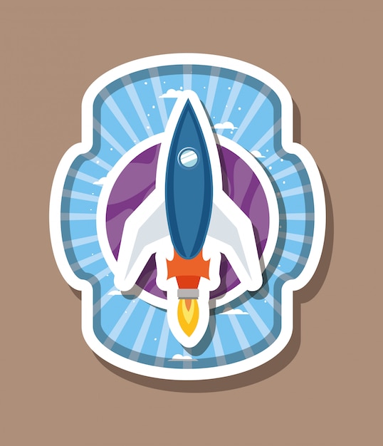 Vector rocket over striped label