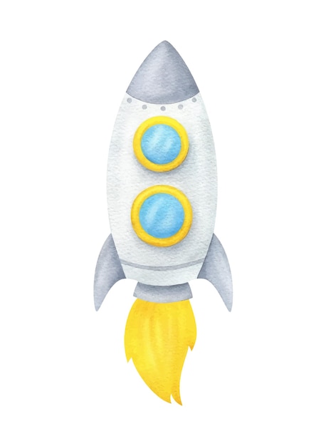 Vector rocket watercolor illustration of a spaceship in a children's style cartoon grey rocket with fire space transport clipart