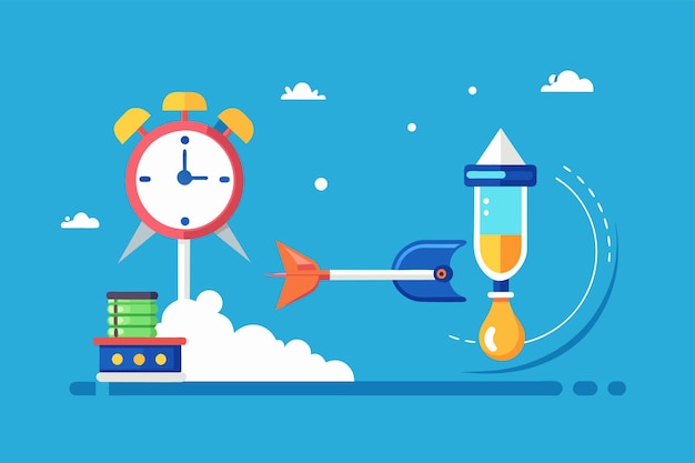 A rocket with a clock on top symbolizing time urgency and deadline for launching deadline launching concept simple and minimalist flat vector illustration