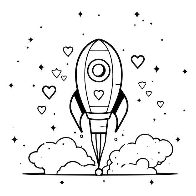 Vector rocket with hearts vector illustration in flat linear style on white background