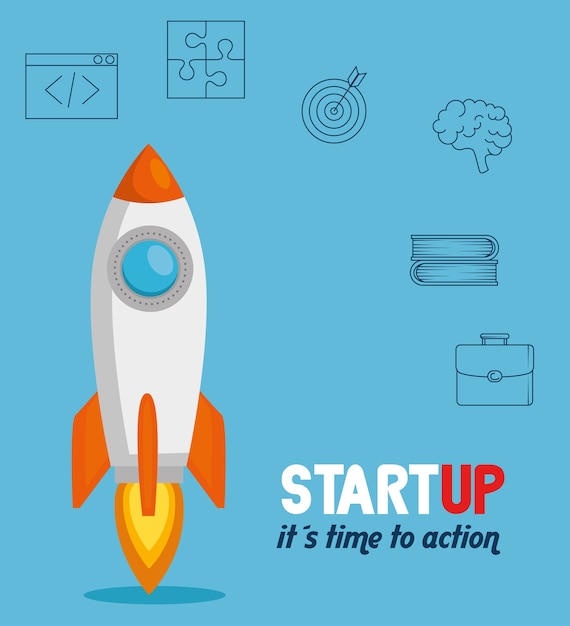 rocket with start up business icons