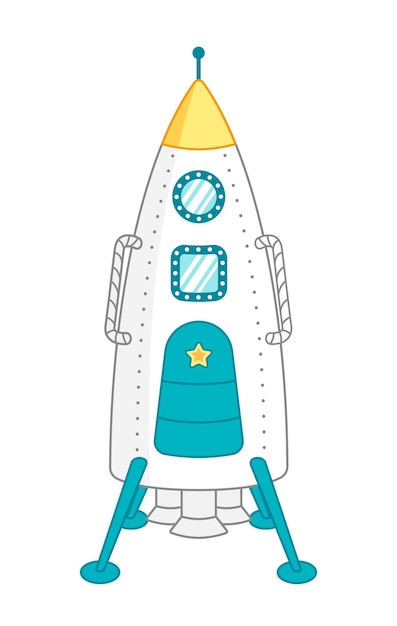 Rocket with yellow top and antenna Round and square portholes Cartoon vector