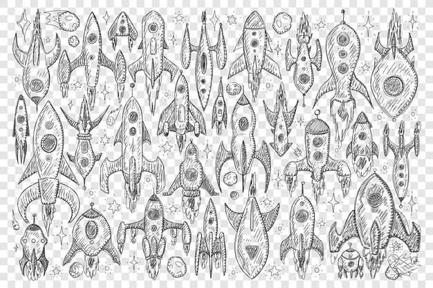 Rockets during flight doodle set illustration