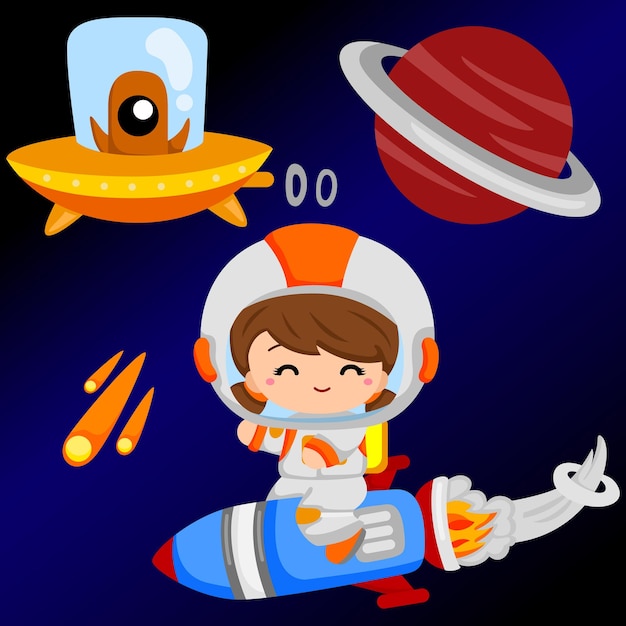 Rockets in outer space with cute kids vector