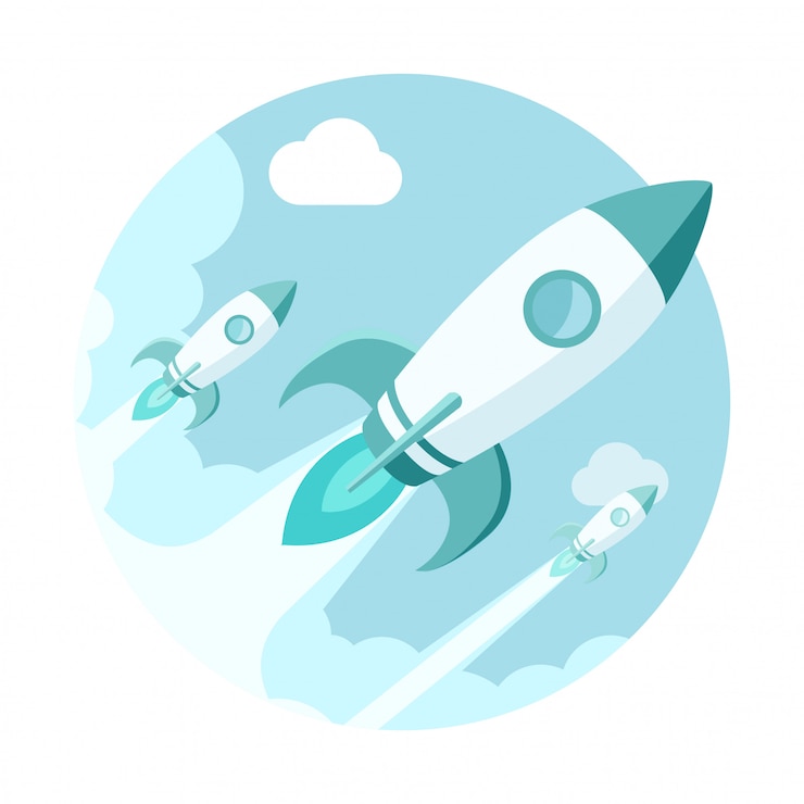 Vector rockets in the sky. modern flat style startup illustration.
