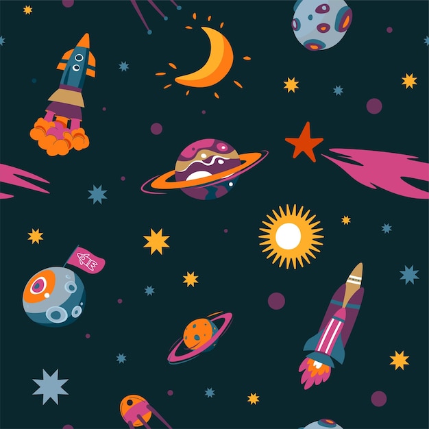 Rockets and spaceship, meteors and planets, stars and constellations. Space and galaxy, universe exploration and discovery. Seamless pattern or background, print or wallpaper, vector in flat style