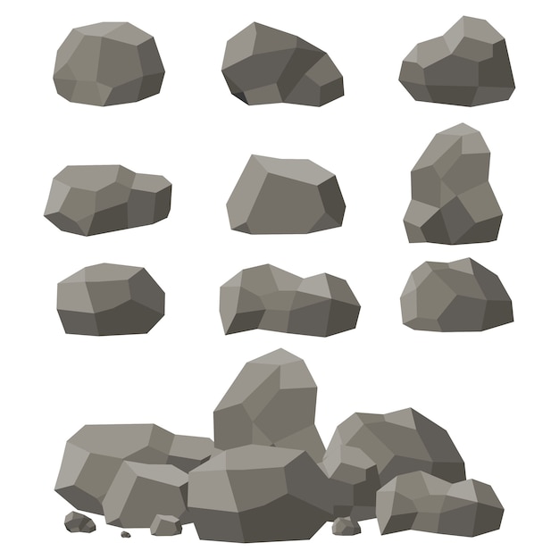 Набор камней и камней, одиночный или сложенный. камни и скалы в изометрической 3d плоском стиле. набор различных валунов.