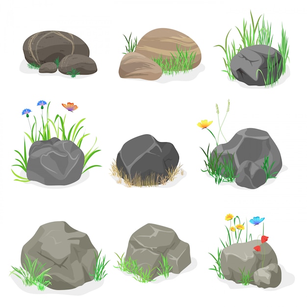 Rocks, stones with grass set