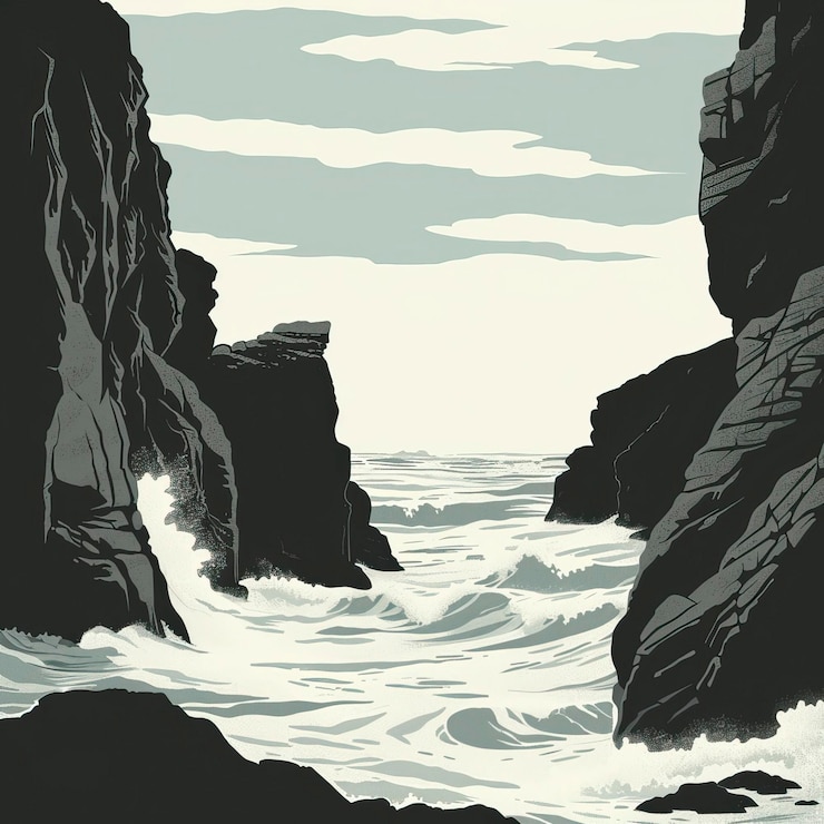Vector a rocky coastline with crashing waves silhouette illustration
