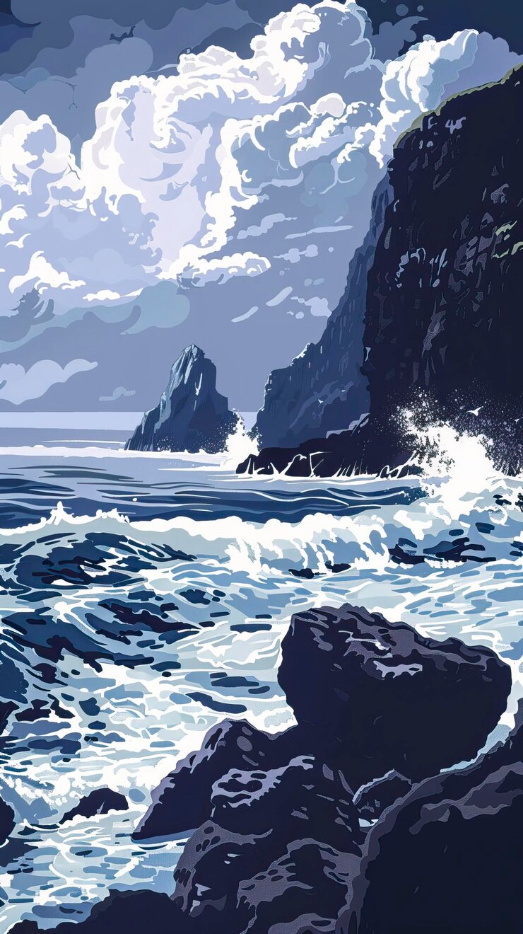 Vector a rocky coastline with crashing waves silhouette illustration