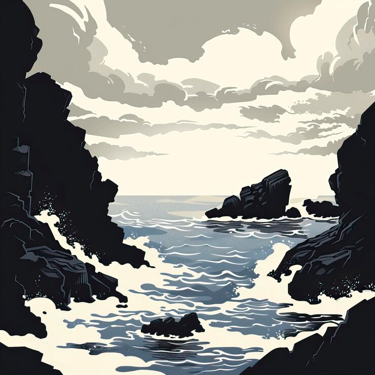 Vector a rocky coastline with crashing waves silhouette illustration