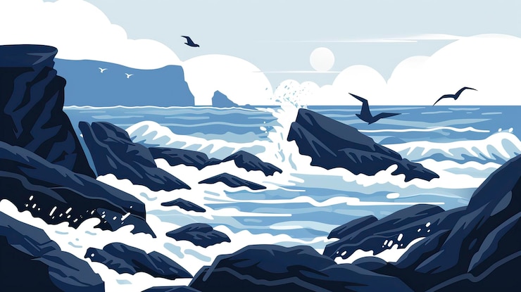 Vector a rocky coastline with crashing waves silhouette illustration