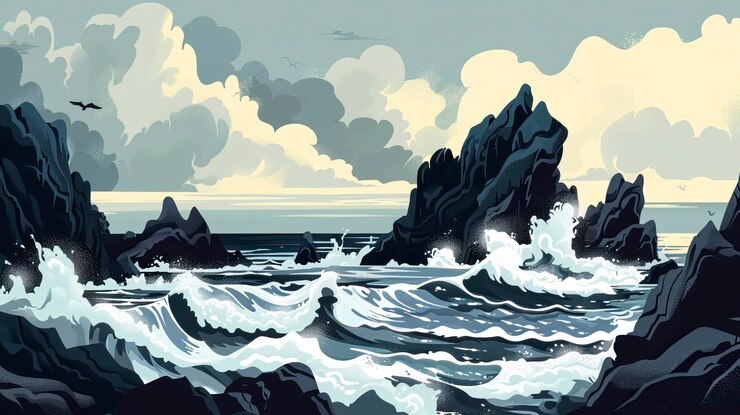 Vector a rocky coastline with crashing waves silhouette illustration