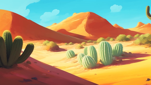 Vector rocky desert with canyons and bushes detailed hand drawn painting illustration