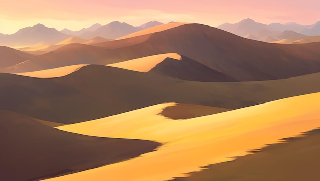 Vector rocky desert with canyons during sunrise or sunset detailed hand drawn painting illustration