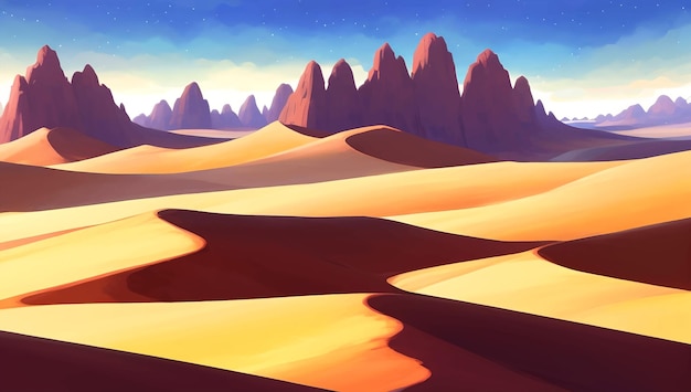 Rocky Desert with Canyons during Sunrise or Sunset Detailed Hand Drawn Painting Illustration