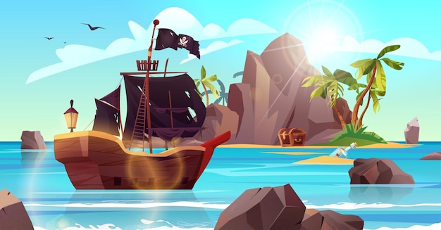Скалистый остров в форме черепа с пиратским флагом и пальмами в океане