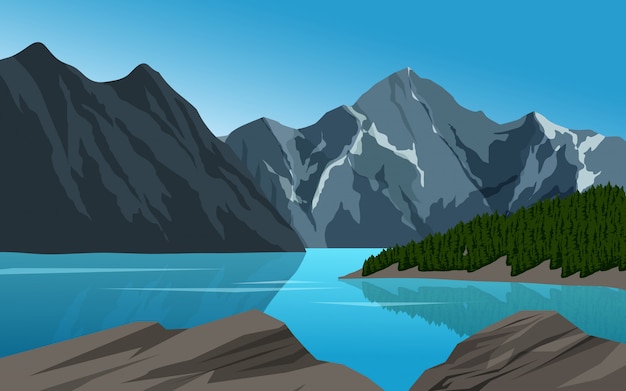 Vector rocky mountain and lake illustraton