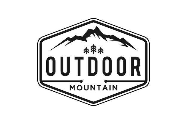 Vector rocky mountain logo avonturenpark outdoor embleem badge camping illustratie zeshoek vorm