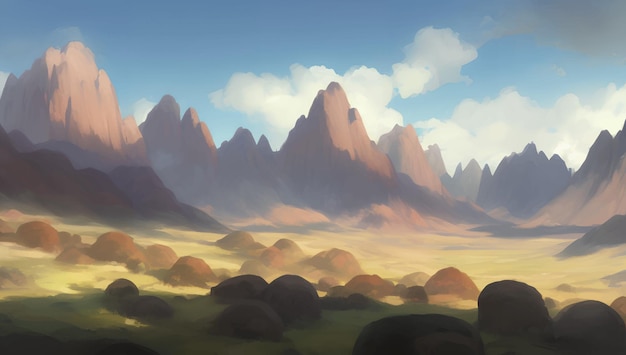 Rocky Mountain Scenery During The Day Detailed Hand Drawn Painting Illustration