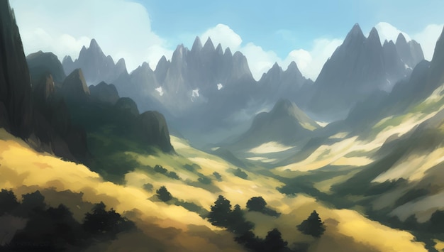 Rocky Mountain Scenery During The Day Detailed Hand Drawn Painting Illustration