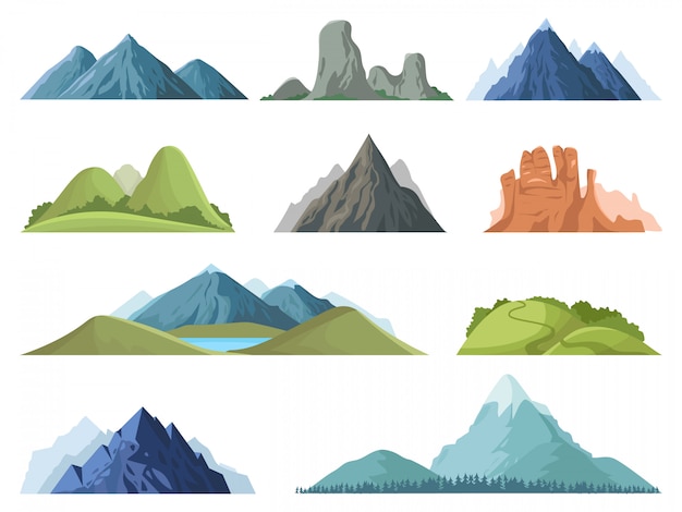 Montagne rocciose. paesaggio all'aperto delle cime delle montagne, picchi invernali, cima di una collina con alberi, set di illustrazione del paesaggio della valle della montagna. gamma rock, cima di ambiente roccioso di montagna