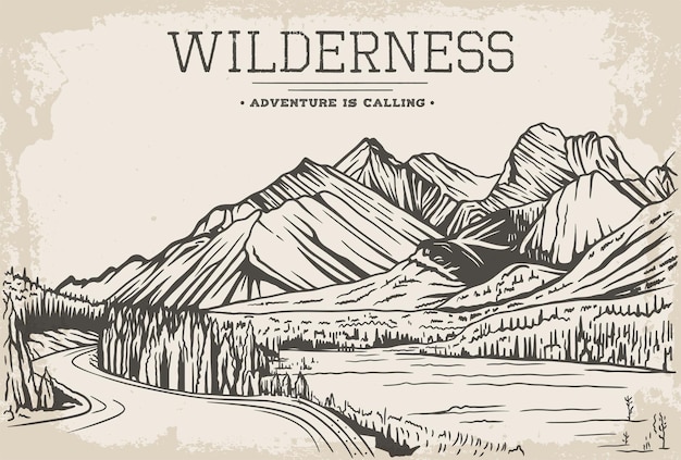 Rocky Mountains wildernis avontuur lijntekeningen illustratie