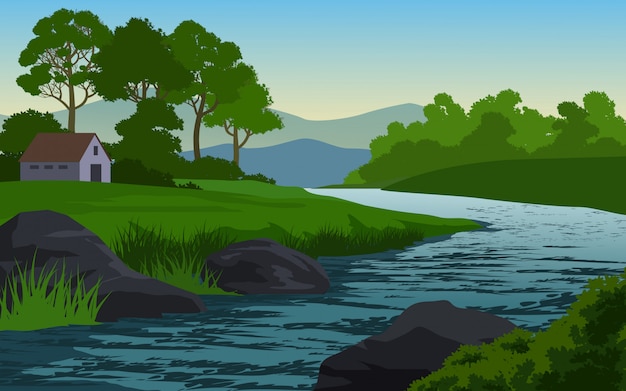 Vector rocky river in beautiful countryside