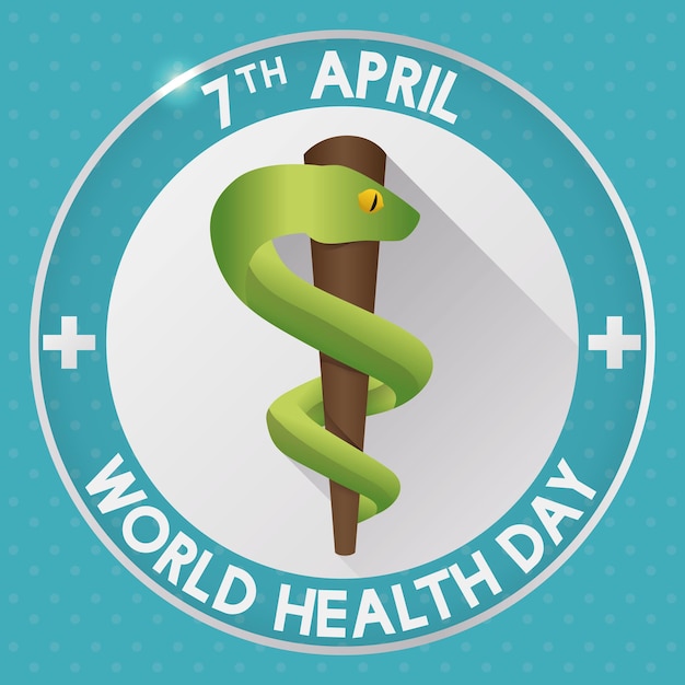 Rod of Asclepius met lang schaduw-effect en tekst eromheen voor Wereldgezondheidsdag op 7 april