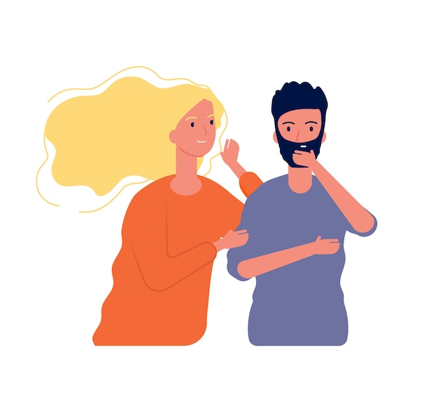 Roddelende man vrouw. Vrouw die met man spreekt om enkele geheimen te luisteren die vectorkarakters fluisteren. Illustratie vrouwelijk en mannelijk, mensen roddelen communicatie