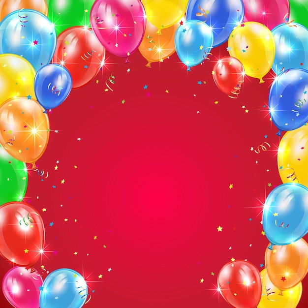 Vector rode achtergrond met frame van vliegende kleurrijke ballonnen klatergoud en confetti happy birthday thema illustratie