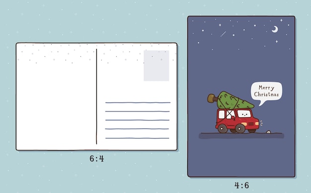 rode auto met pijnbomen om een kerstboom te maken kawaii doodle platte cartoon briefkaart vector