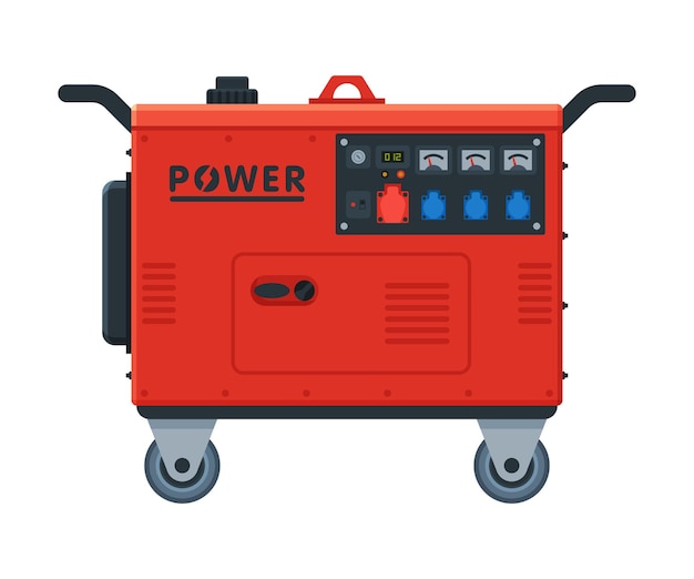 Rode benzine draagbare stroomgenerator op wielen diesel elektrische motor apparatuur vector illustratie