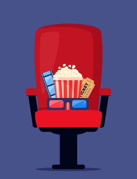 Rode bioscoop fauteuil met frisdrank popcorn en 3d-bril cinema poster banner ontwerp voor film