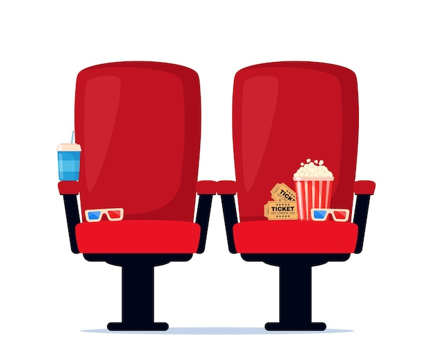 Vector rode bioscoop fauteuil met frisdrank popcorn en 3d-bril cinema poster banner ontwerp