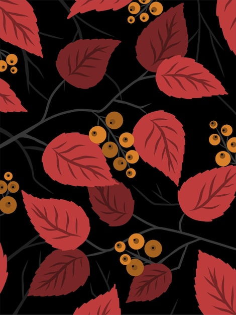 Rode bladeren met bessen op een zwarte achtergrond